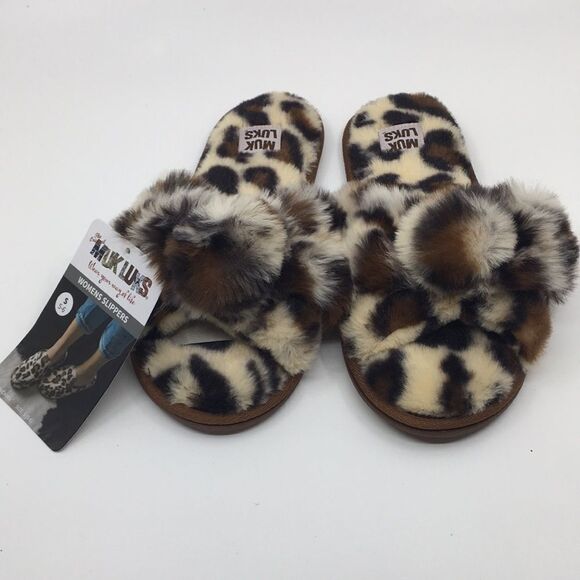NWT Muk Luks Slippers slides fuzzy furry animal print Sz Small 5-6 - Picture 1 of 10